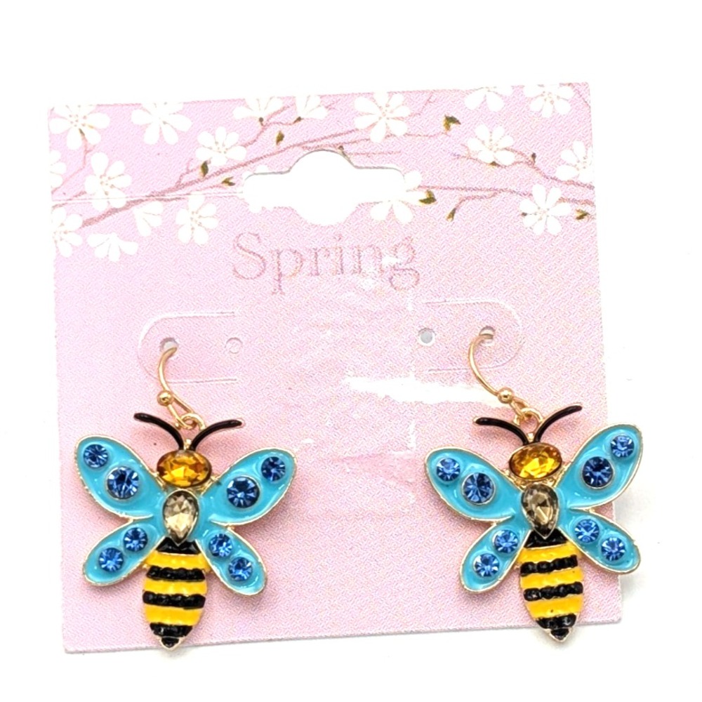 Women's Spring Bumble Bee Pierced Earrings Gold tone blue rhinestone NEW